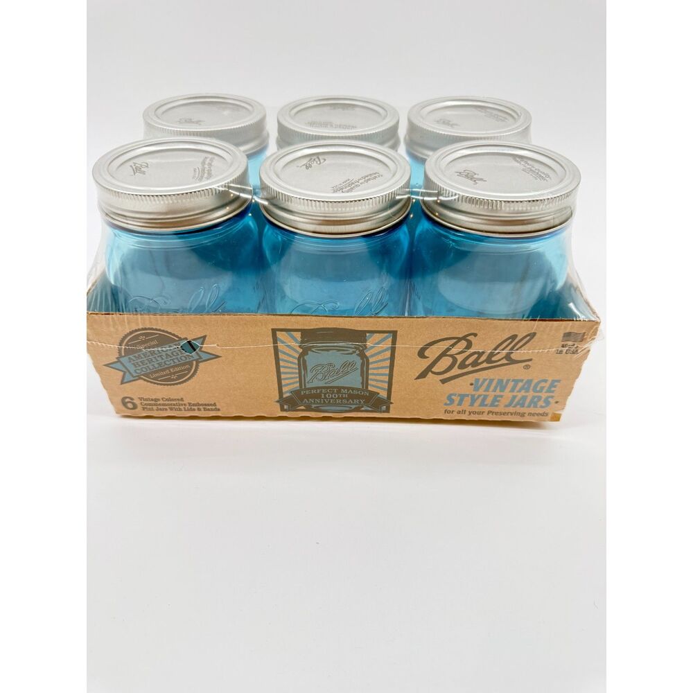 Sealed Ball Heritage Collection Blue Mason Jars - 100th Anniv Pint 6-Pack